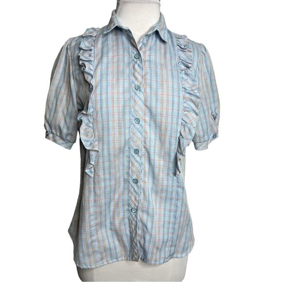 Vintage Carrie Beene plaid ruffle blouse sz 8 - Picture 1 of 6